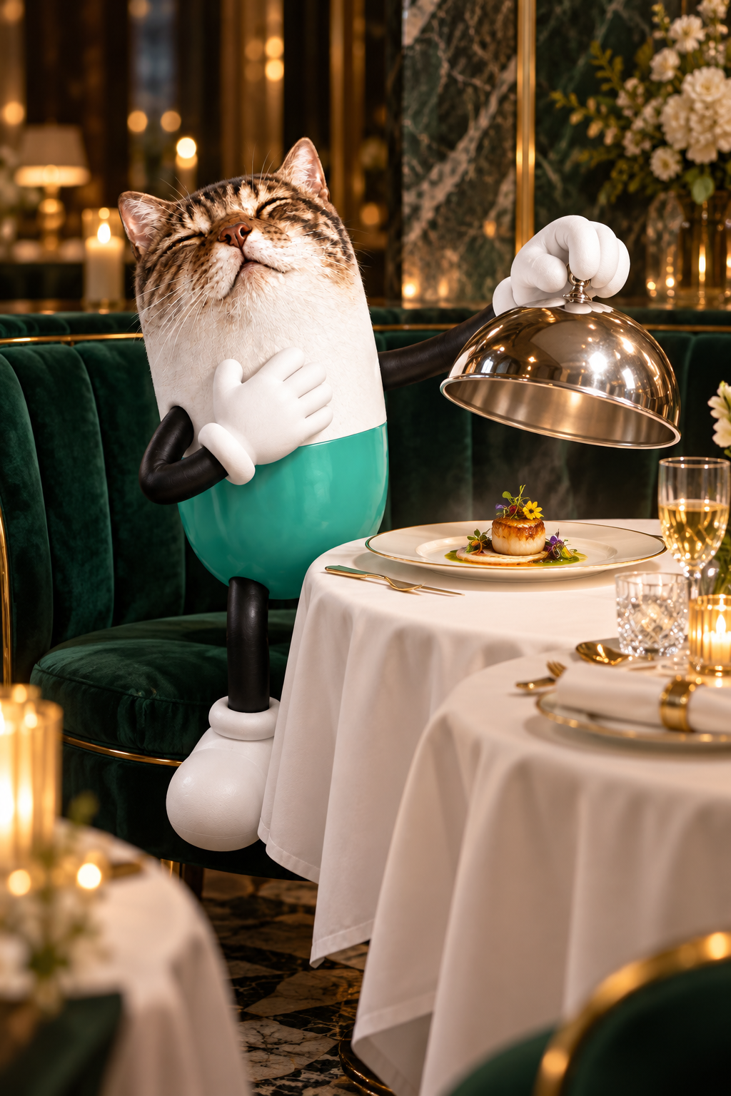 Pillcate lifting a silver cloche in a luxurious restaurant
