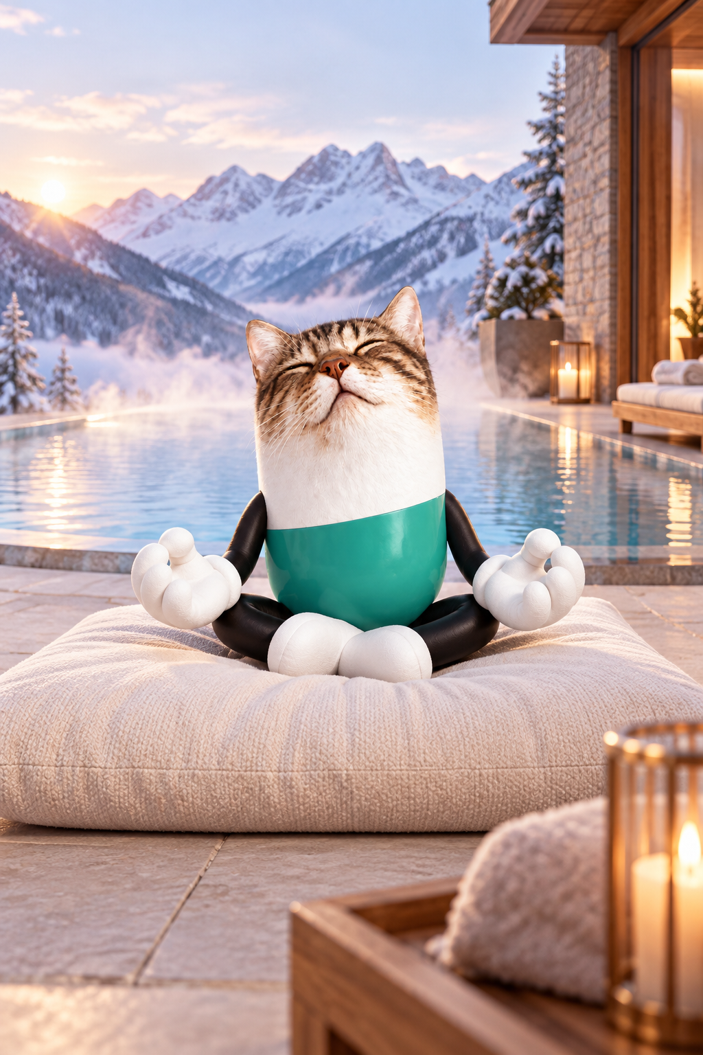 Pillcate meditating beside a pool overlooking snowy mountains